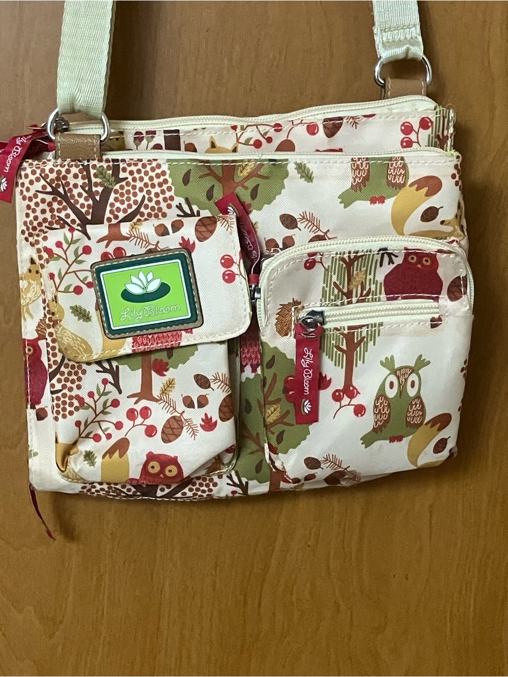 Lily Bloom Regina Forest Owl Fall Pattern Crossbody Strap Purse Shoulder Bag